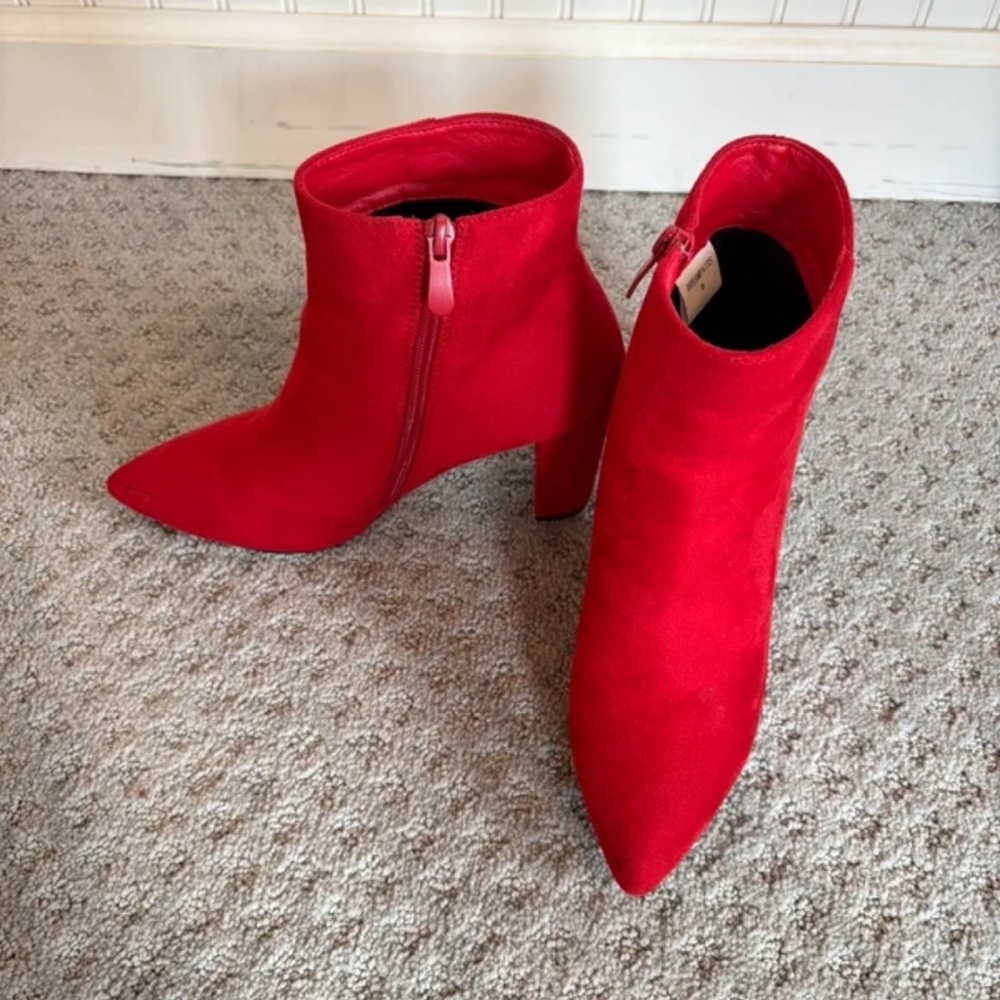 Dream Pairs Red Suede Pointed Ankle Booties with Block Heel